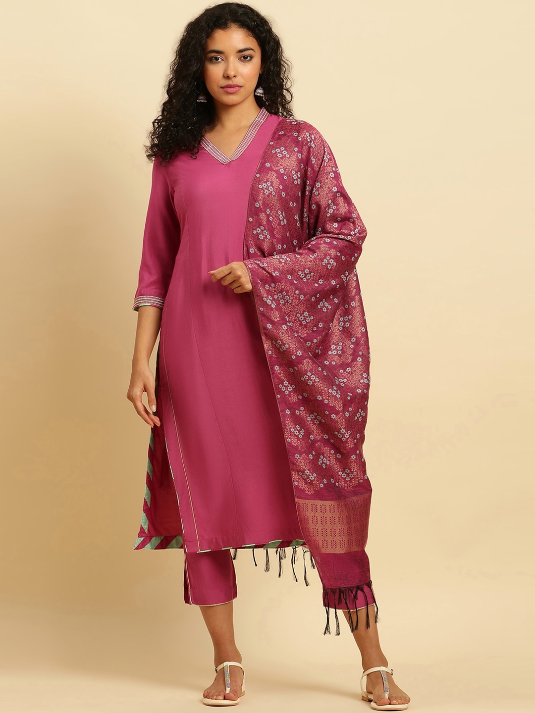 

W Women V-Neck Straight Kurta & Trousers With Dupatta, Pink