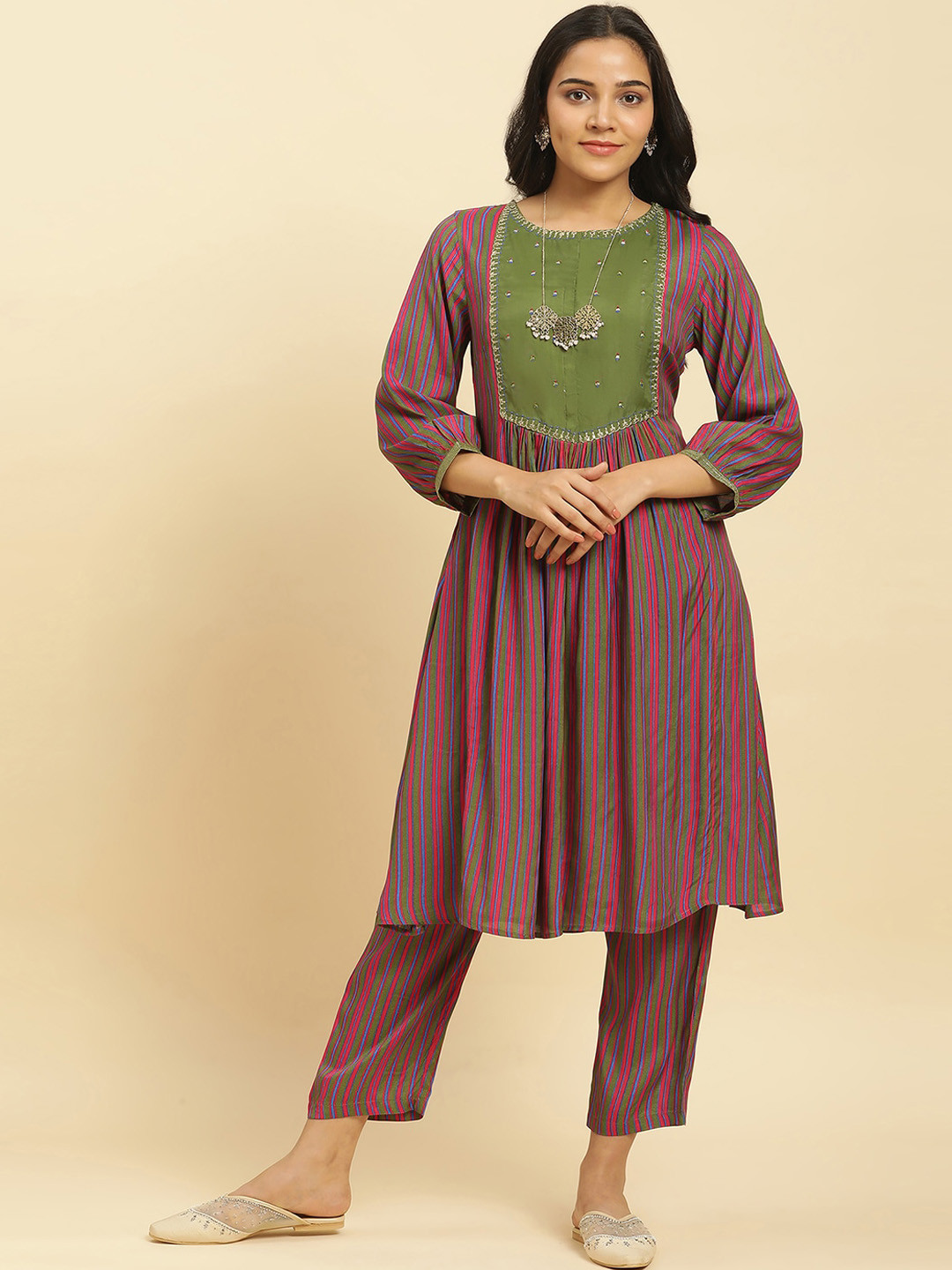 

W Striped Thread Work A-Line Kurta with Trousers, Green