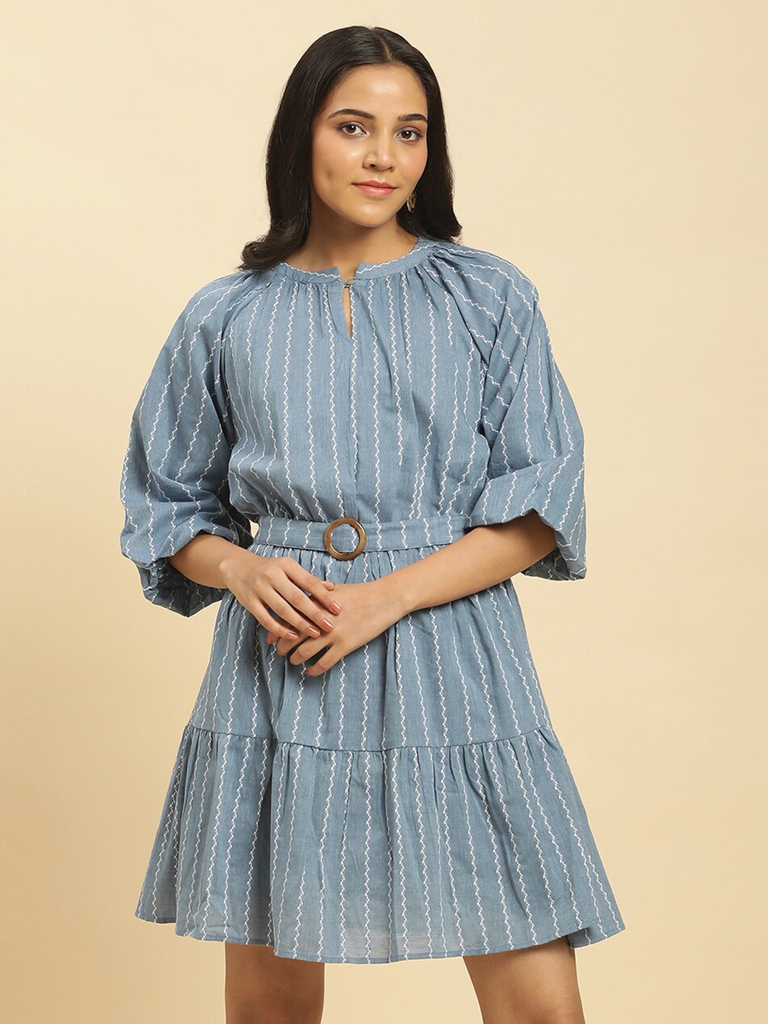 

W Striped Pure Cotton A-Line Dress, Blue