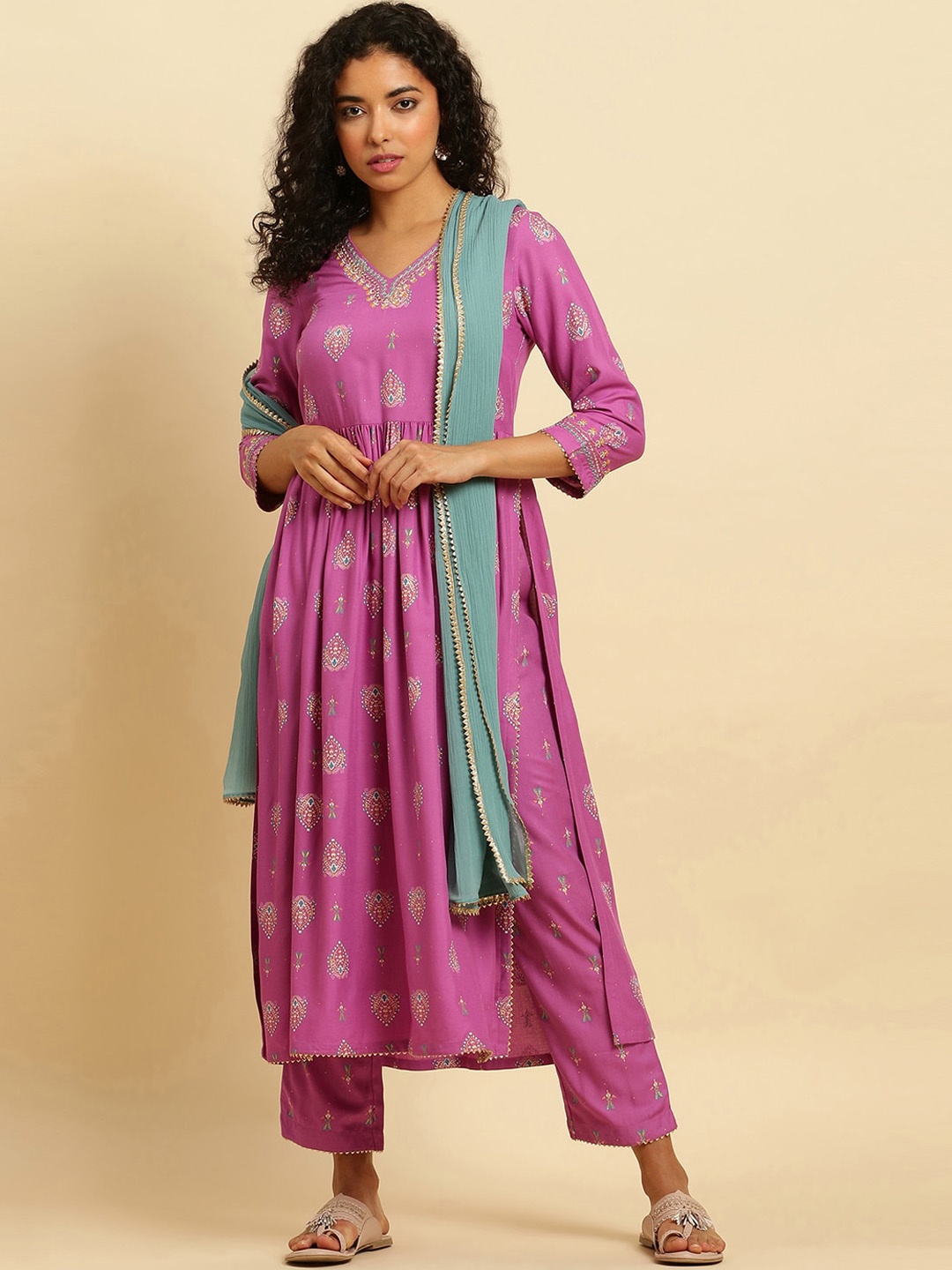 

W Printed Rayon Kurta With Straight Pant & Dupatta, Purple