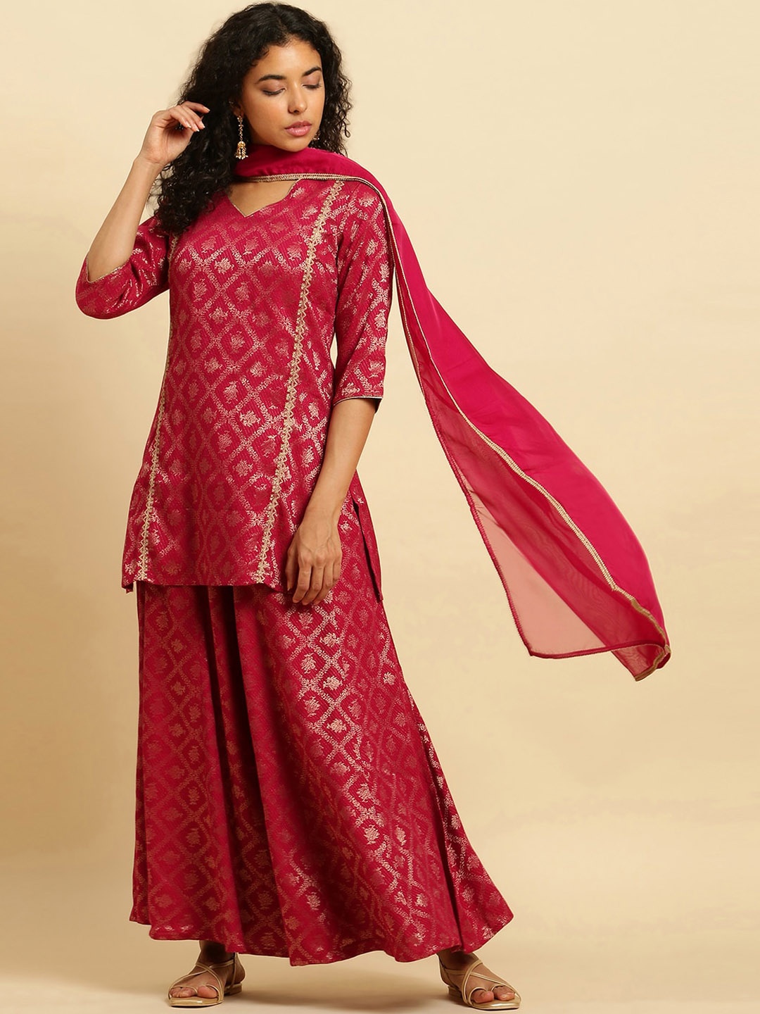 

W Festive Striped Print Rayon Kurta With Flared Pant & Dupatta, Pink