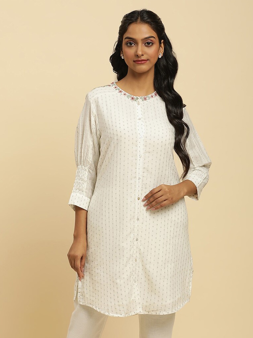 

W Geometric Woven Design Thread Work A-Line Kurta, White