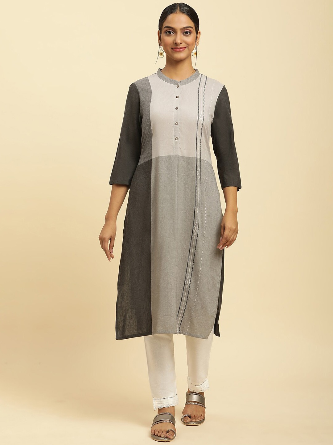 

W Grey Mandarin Collar Straight Kurta