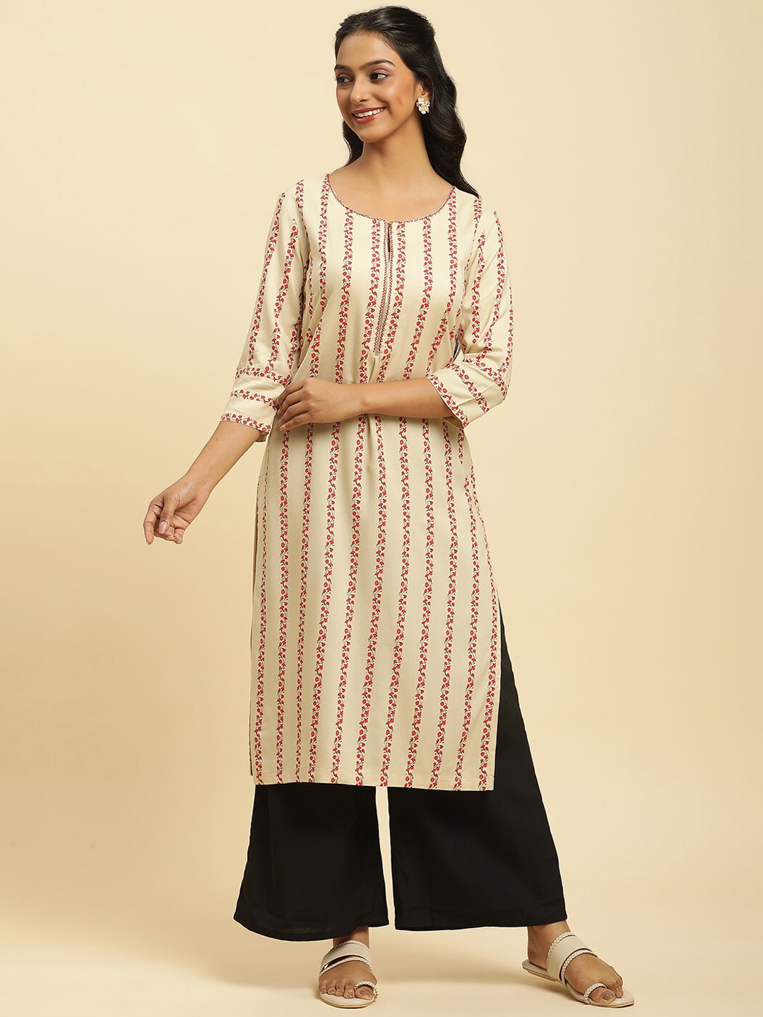 

W Floral Printed Keyhole Neck Sequined Straight Kurta, Beige