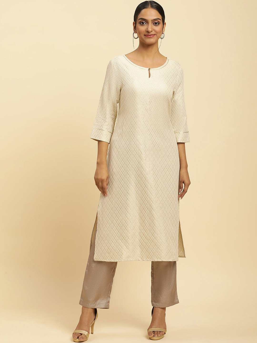 

W Off White Geometric Woven Design Keyhole Neck Straight Kurta