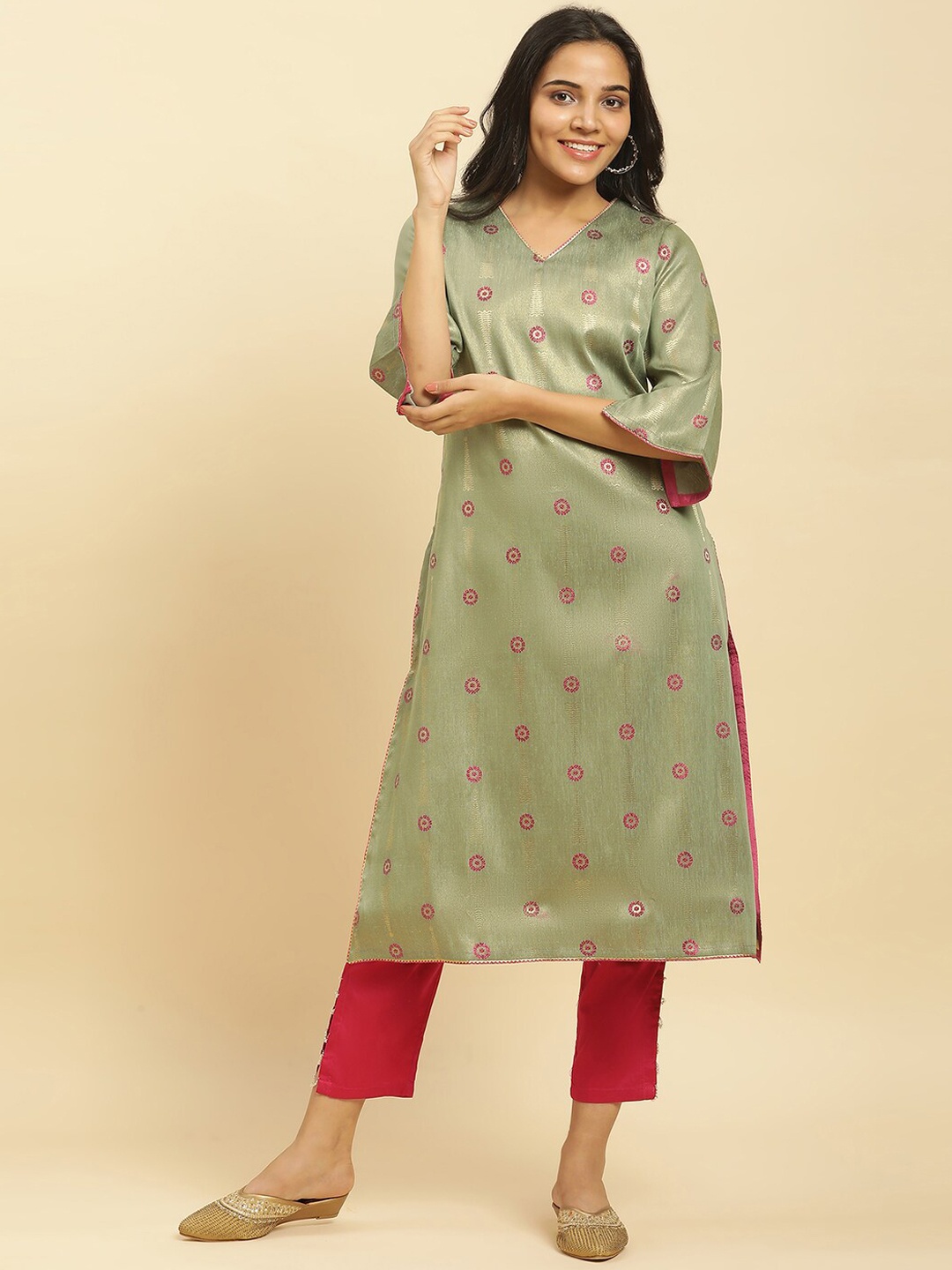 

W Floral Woven Design V-Neck Three-Quarter Sleeve Gotta Patti Kurta, Green