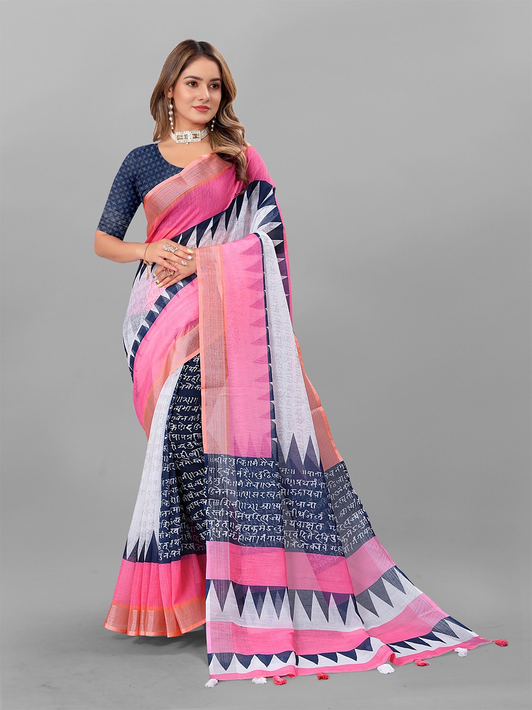 

DIVASTRI Geometric Printed Zari Pure Linen Jamdani Saree, White