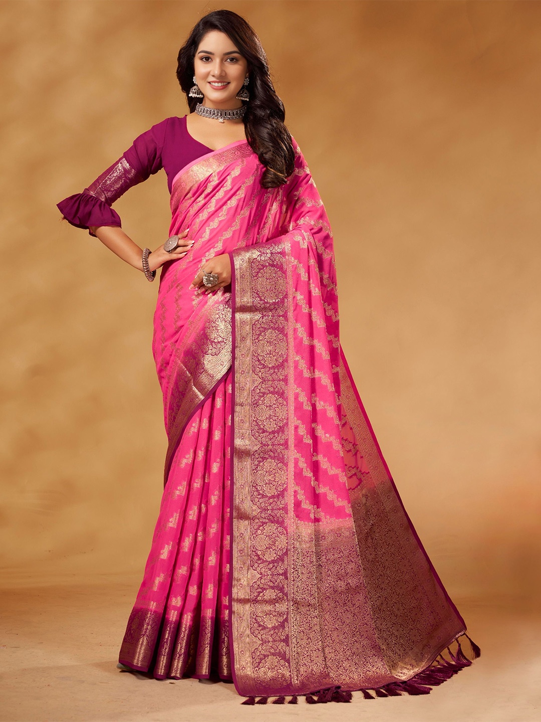 

DIVASTRI Ethnic Motifs Woven Design Zari Pure Georgette Banarasi Saree, Pink