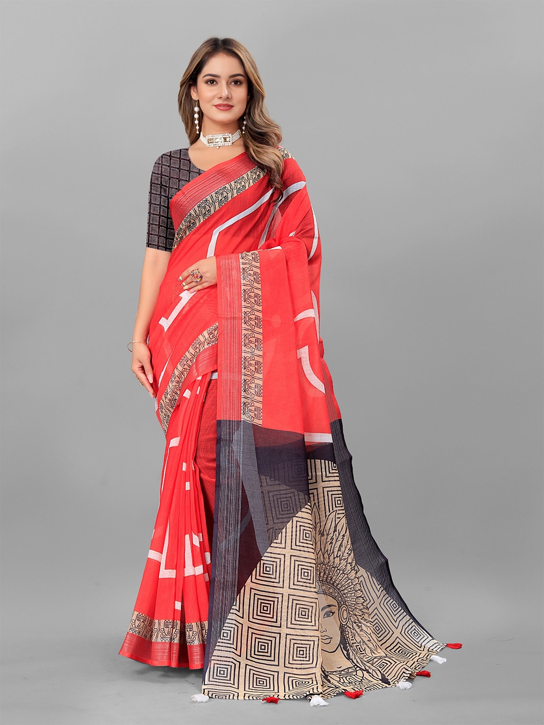 

DIVASTRI Geometric Printed Pure Linen Block Print Saree, Red