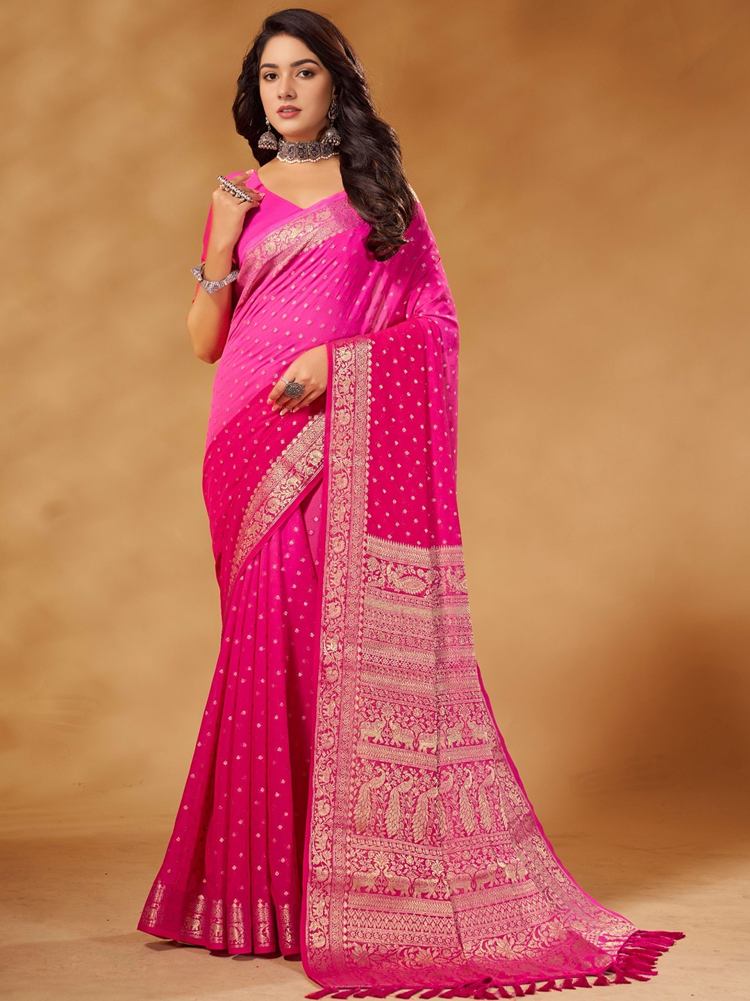 

DIVASTRI Pink Ethnic Motifs Woven Design Zari Pure Georgette Banarasi Saree