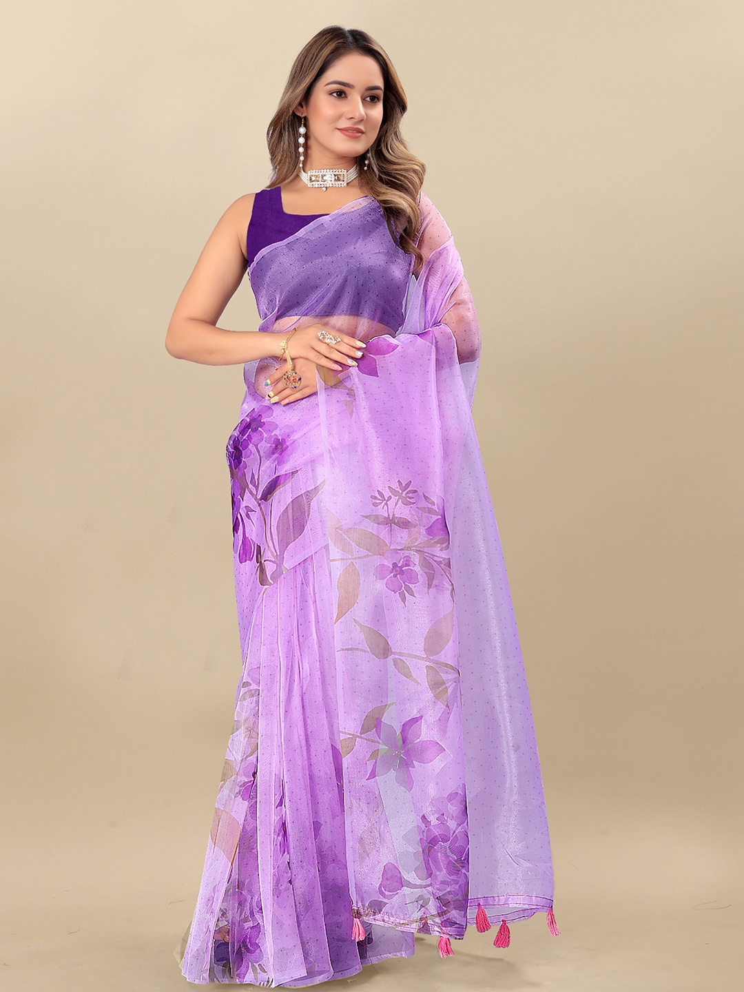 

DIVASTRI Floral Printed Organza Leheriya Saree, Purple