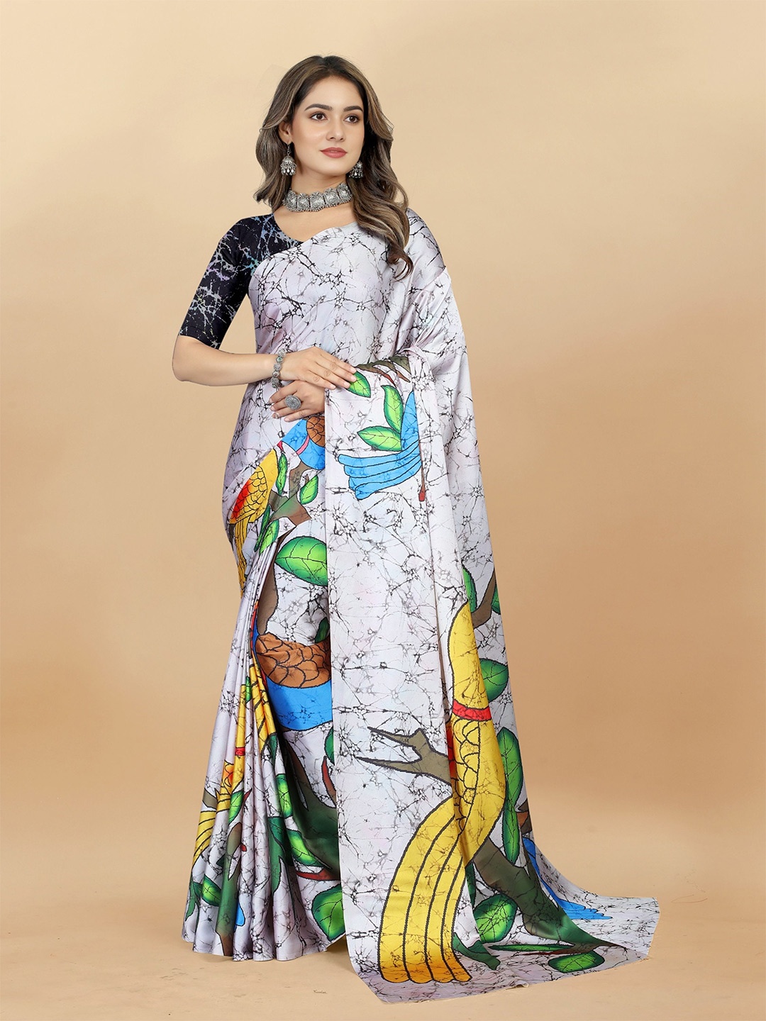 

DIVASTRI Ethnic Motifs Printed Satin Kota Saree, Grey
