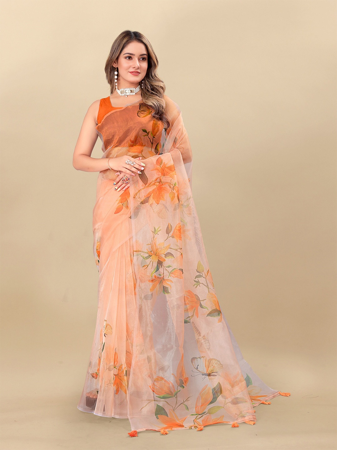 

DIVASTRI Floral Printed Organza Leheriya Saree, Orange