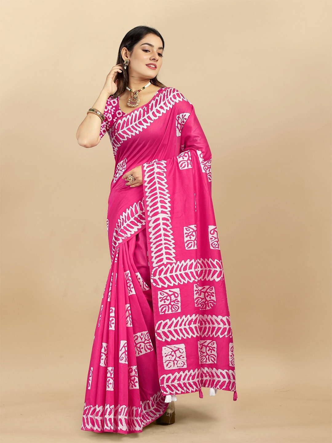 

DIVASTRI Ethnic Motifs Printed Pure Cotton Jamdani Saree, Pink