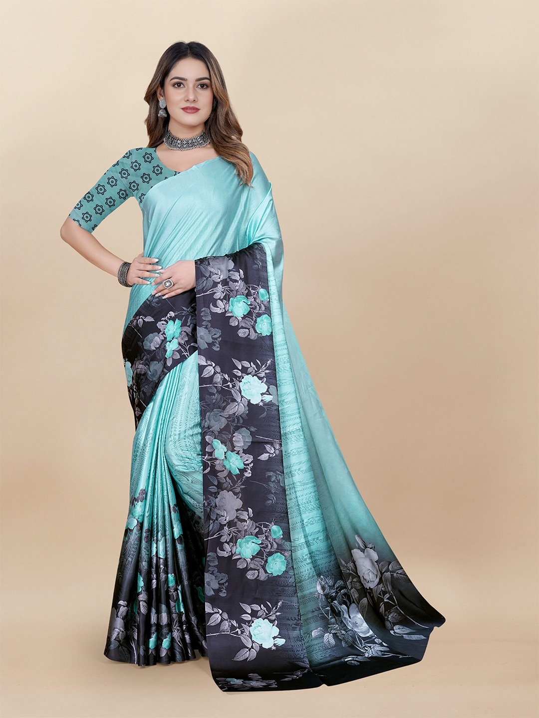 

DIVASTRI Floral Printed Satin Kota Saree, Blue