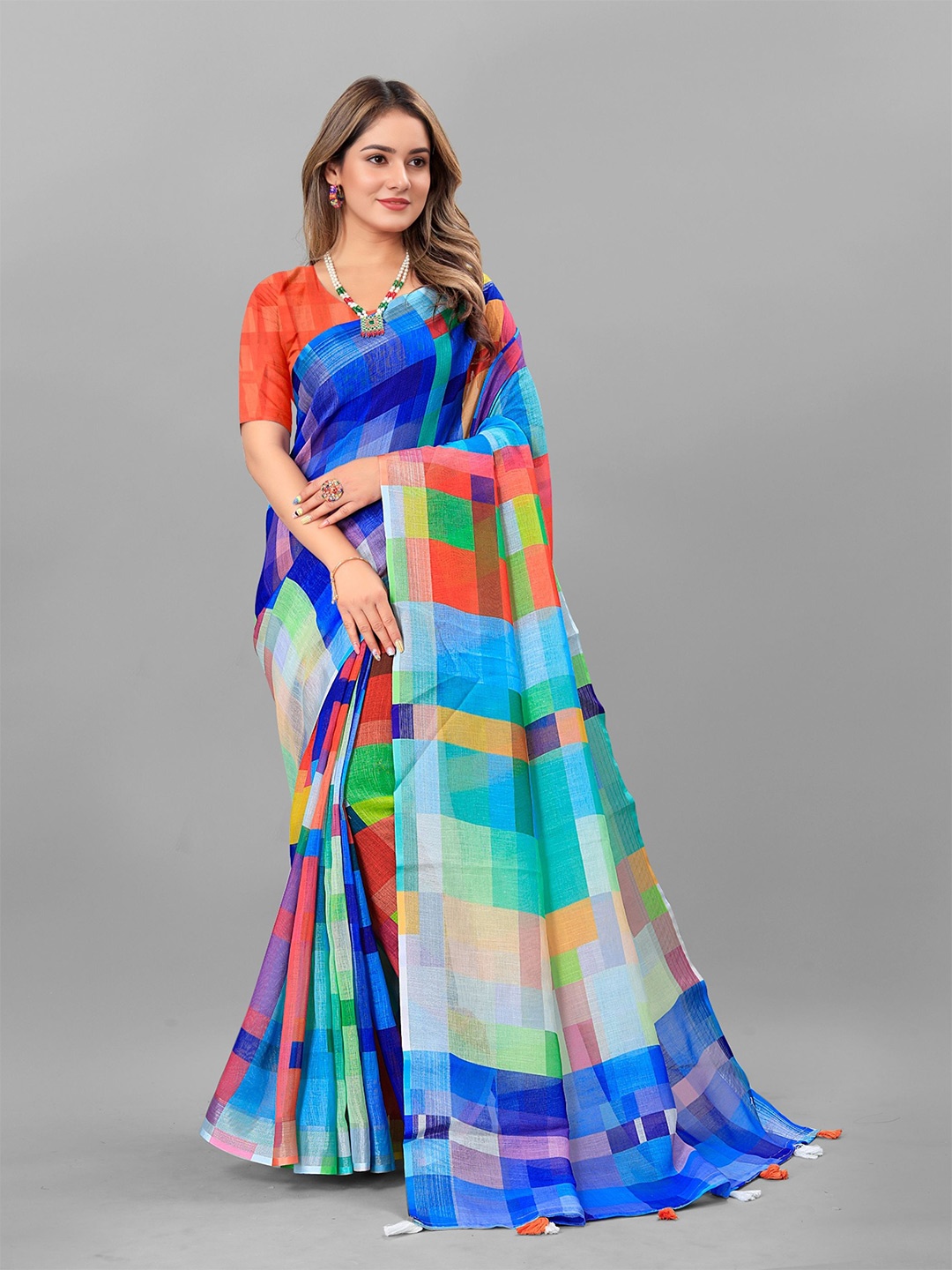 

DIVASTRI Pure Linen Abstract Printed Saree, Blue