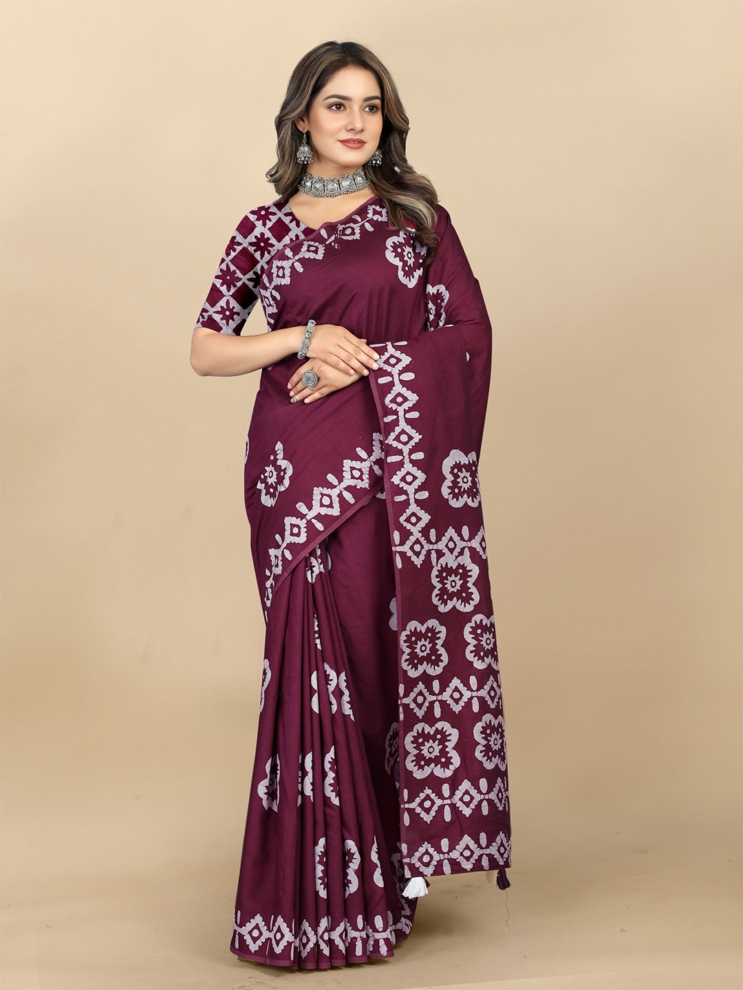 

DIVASTRI Batik Printed Pure Cotton Maheshwari Saree, Purple
