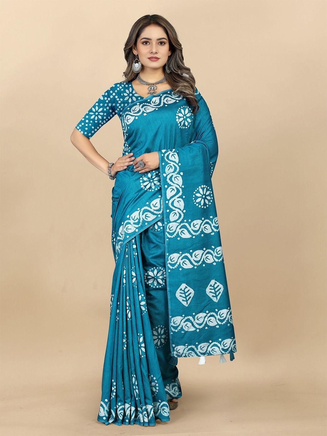 

DIVASTRI Batik Printed Pure Cotton Maheshwari Saree, Blue