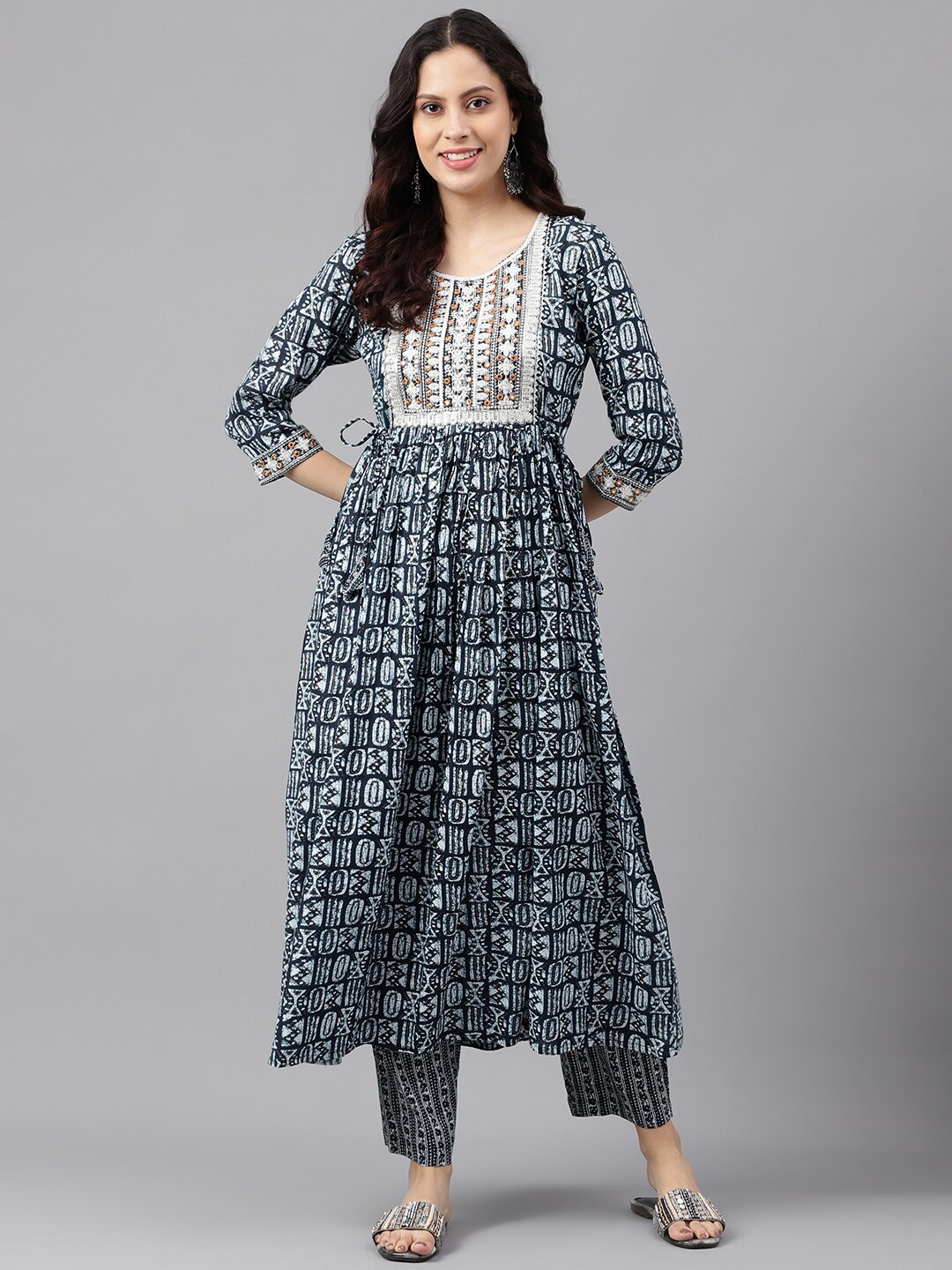 KALINI Geometric Embroidered Mirror Work Anarkali Kurta, Blue
