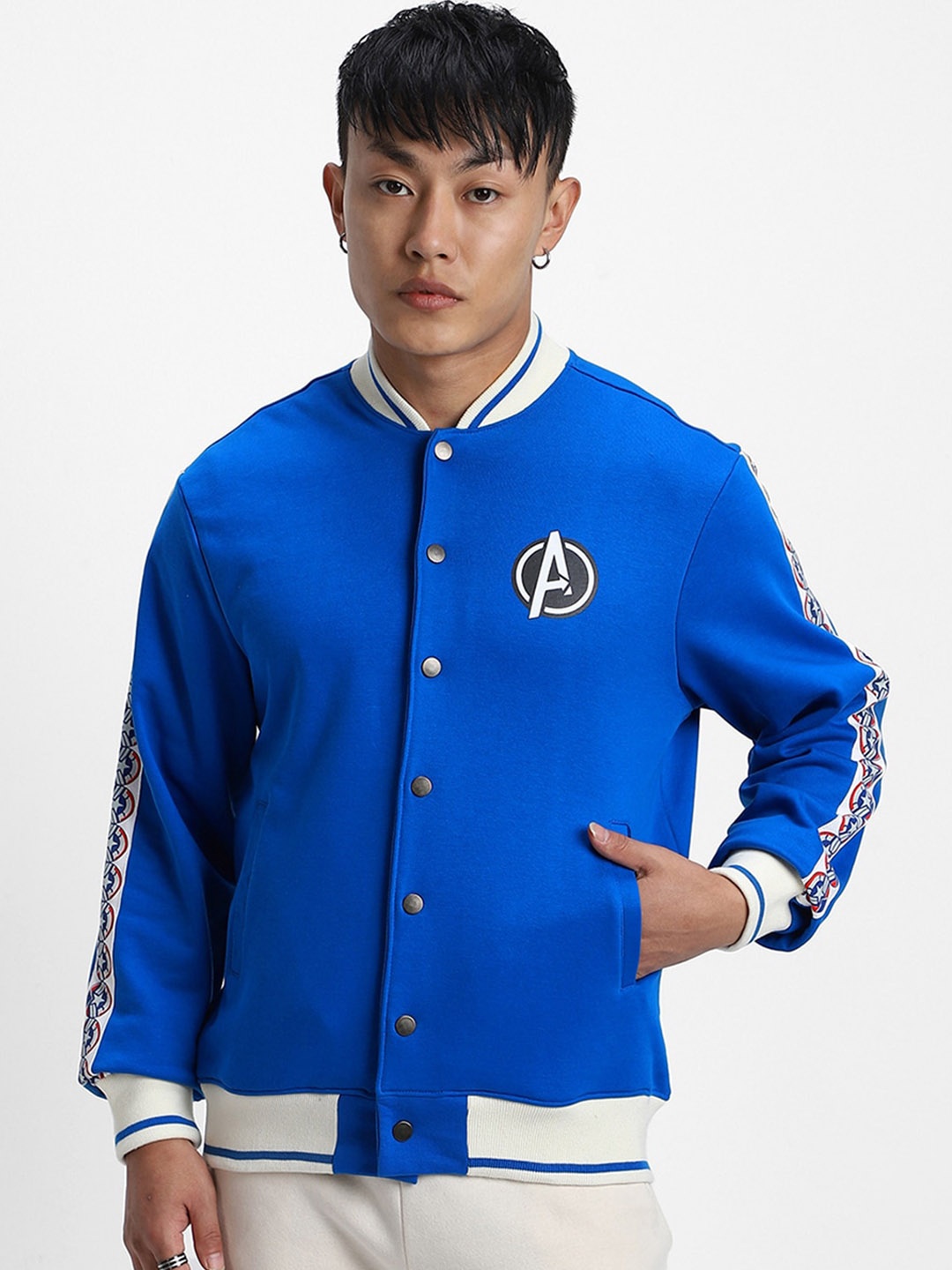 

VEIRDO Marvel Blue Avenger Printed Fleece Lightweight Bomber Jacket