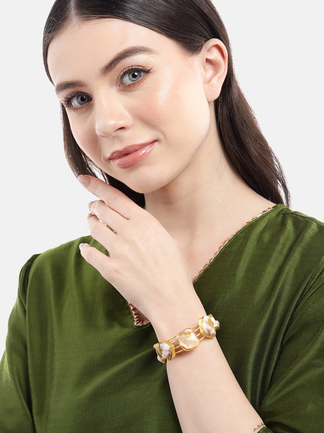 

Anouk Women Gold-Plated Mother of Pearl Studded Cuff Bracelet