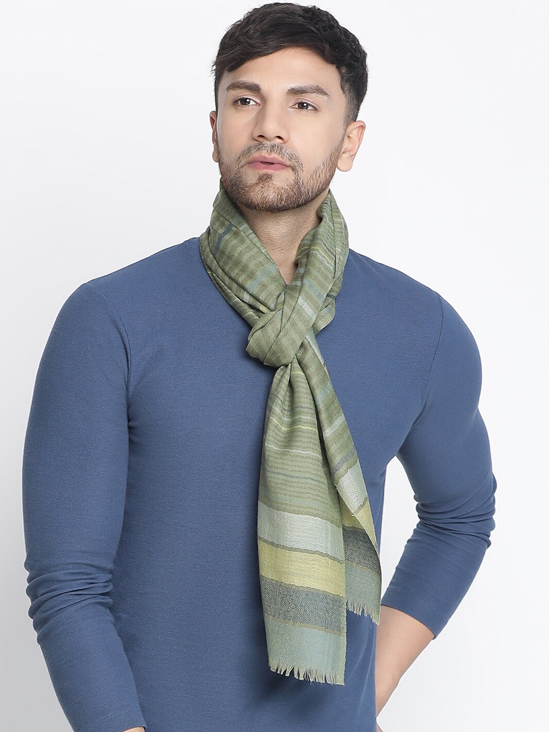 

SHINGORA Striped Pure Woollen Muffler, Green