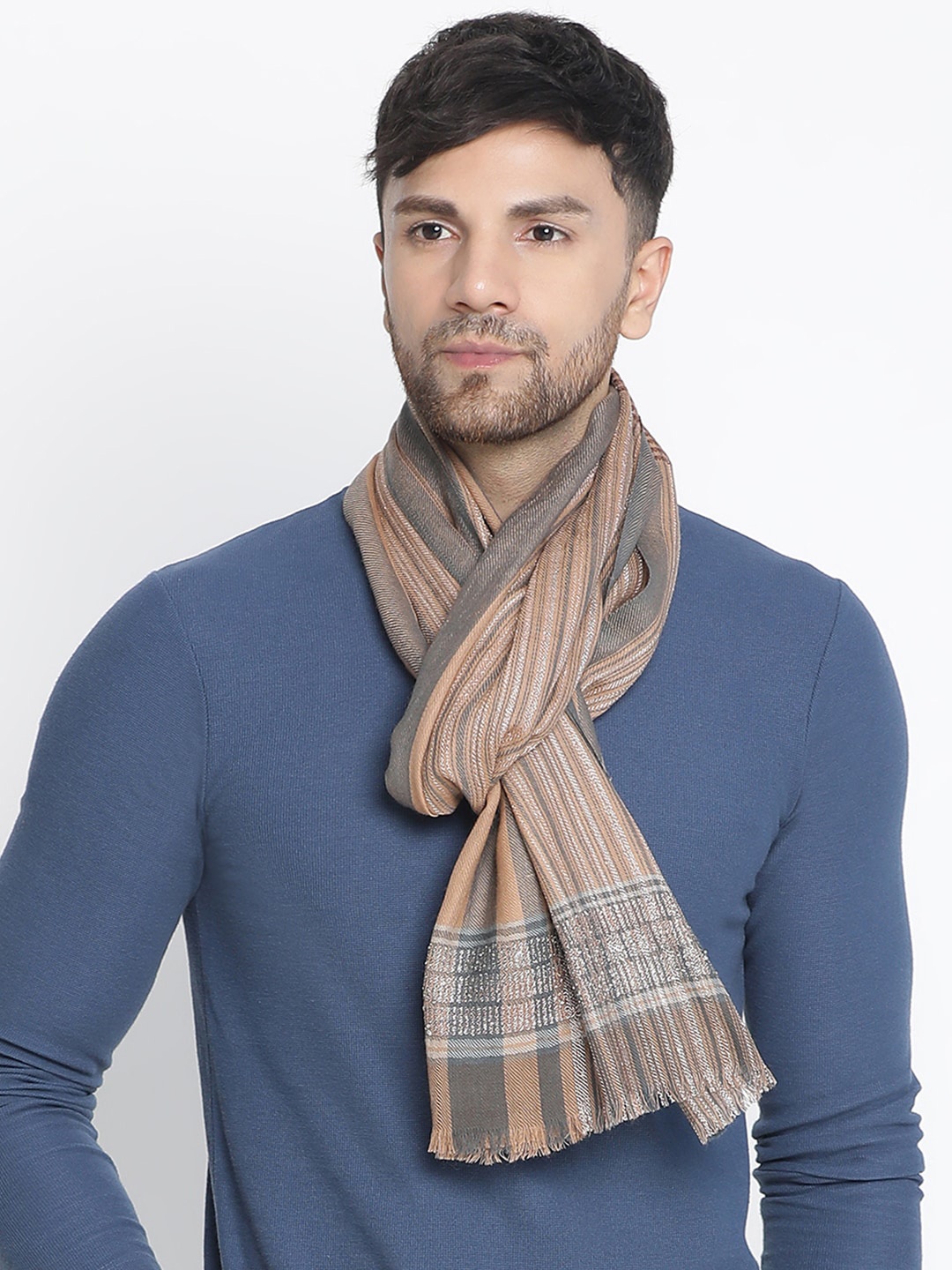 

SHINGORA Striped Woollen Dobby Muffler, Beige