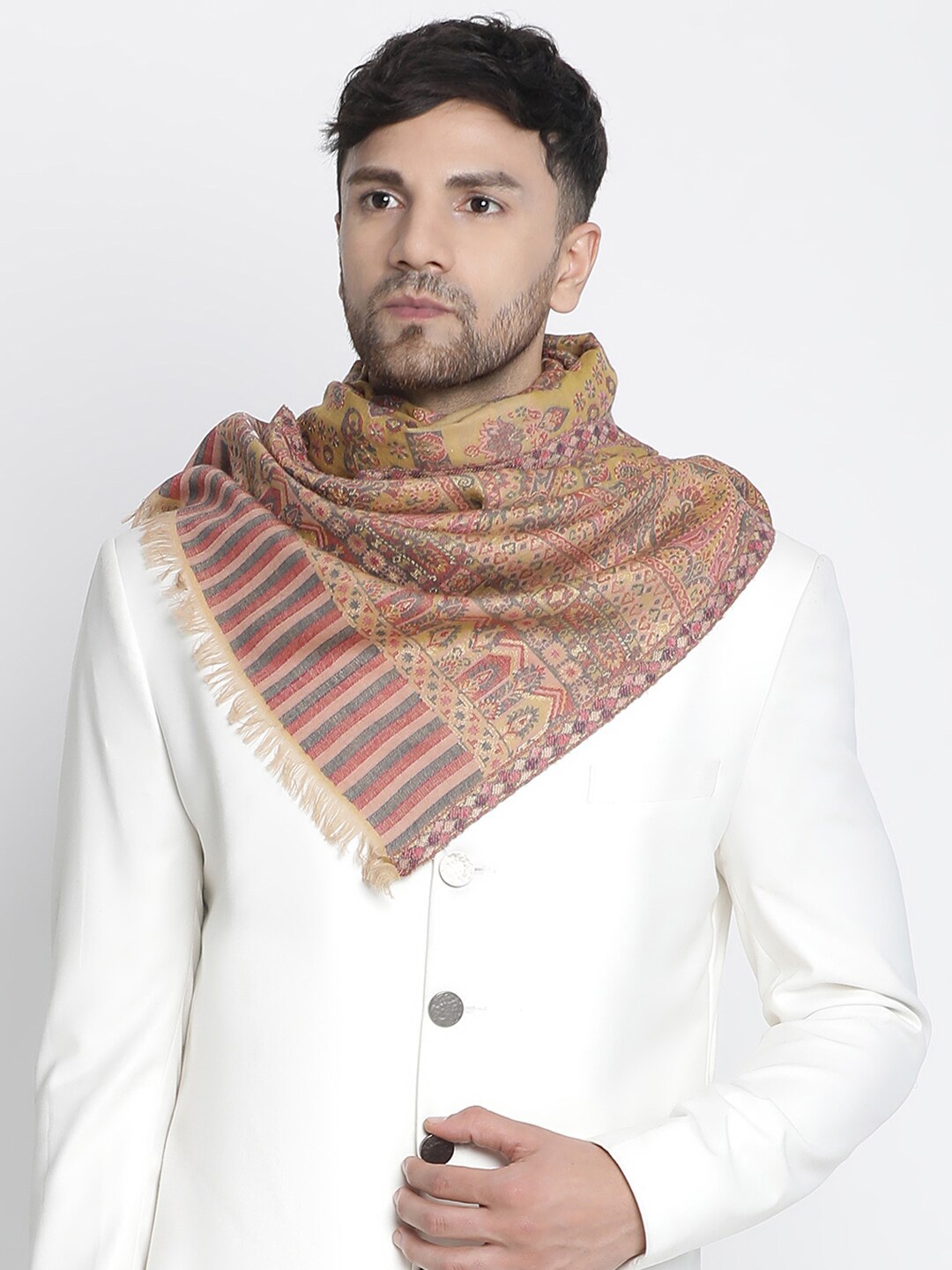 

SHINGORA Metallic Jacquard Wool Muffler, Mustard