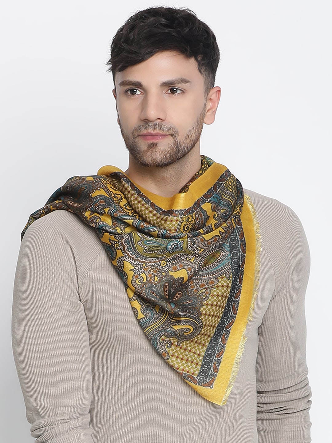 

SHINGORA Men Printed Fringed Mufflers, Mustard