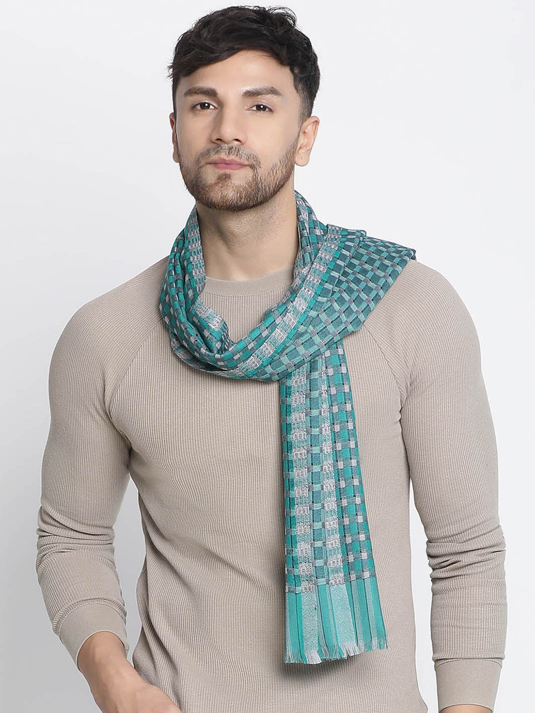 

SHINGORA Checked Pure Woollen Muffler, Sea green