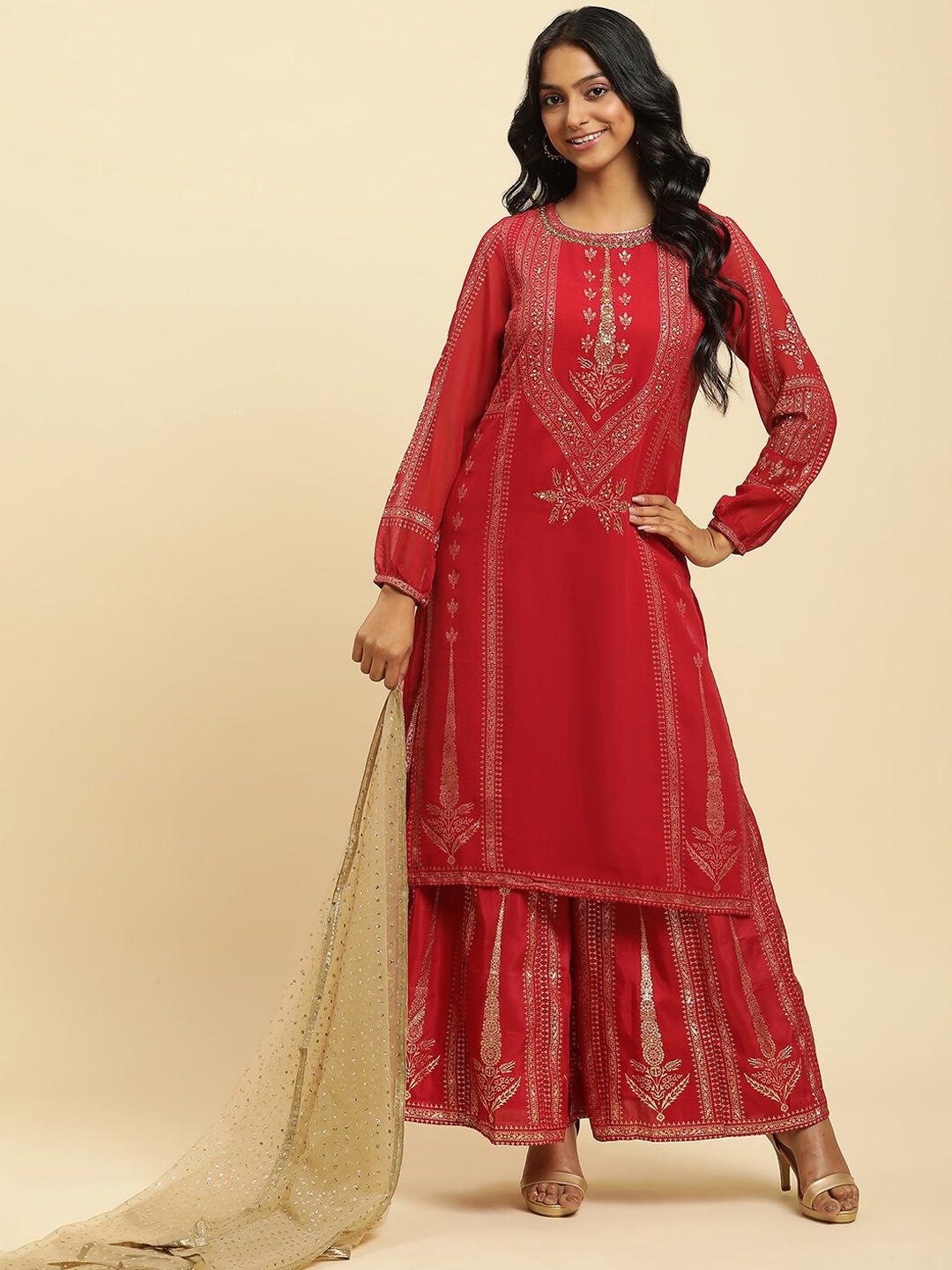 

WISHFUL Ethnic Motifs Printed Zari Sequinned Panelled Kurta with Sharara & Dupatta, Red