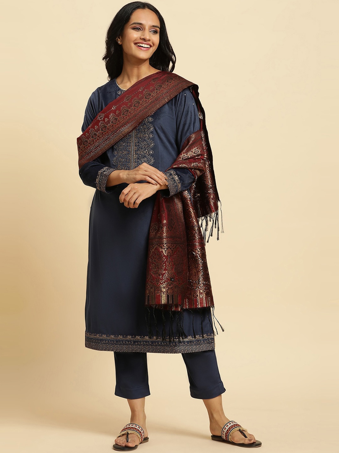 

WISHFUL Ethnic Motifs Yoke Design Sequined Zari Velvet Kurta with Trousers & Dupatta, Navy blue