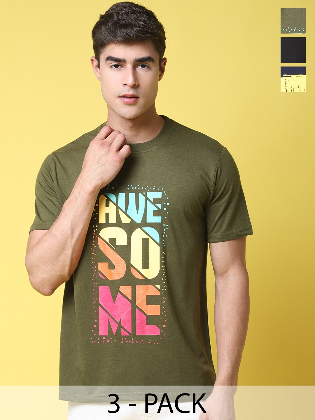 

Tee Projekt Pack Of 3 Typography Printed T-shirt, Olive
