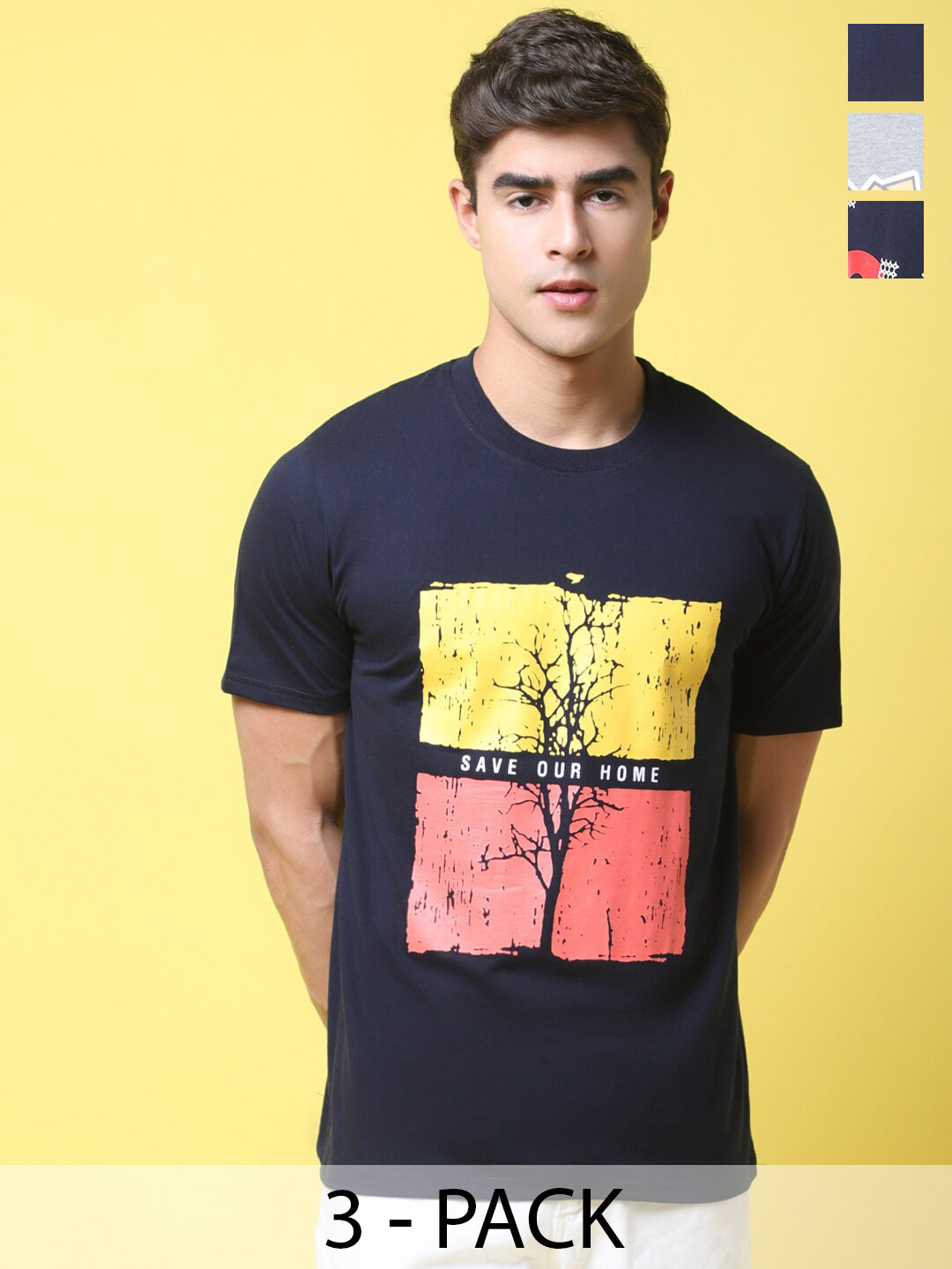 

Tee Projekt Pack Of 3 Printed Round Neck Casual T-shirt, Navy blue