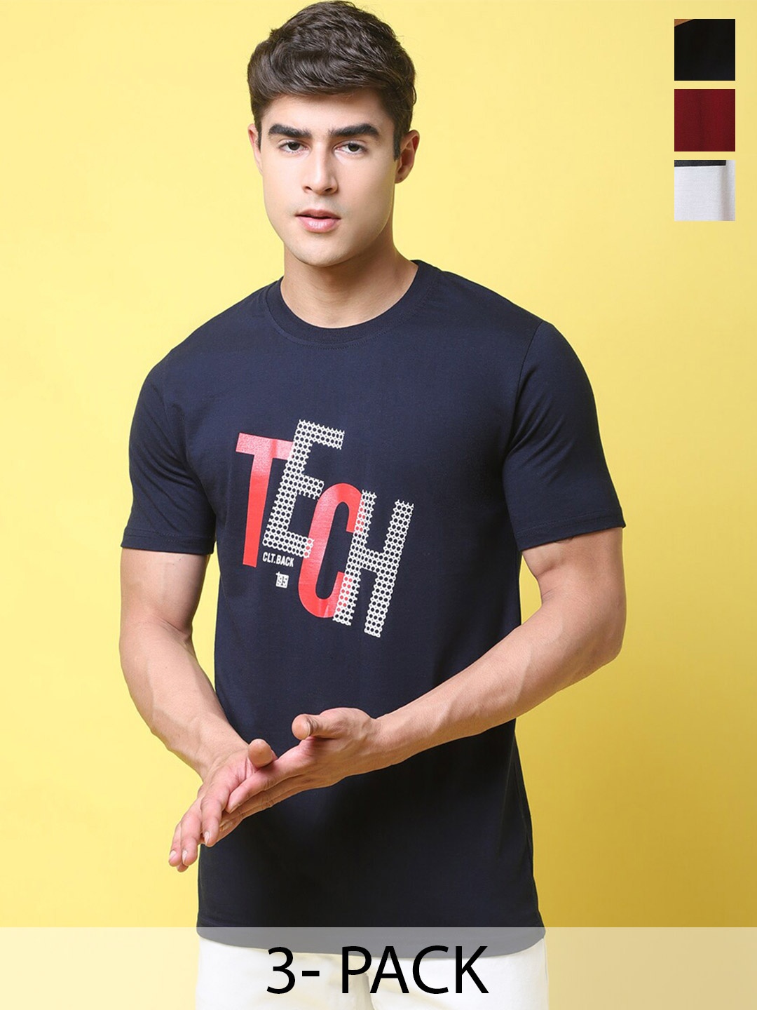 

Tee Projekt Pack Of 3 Typographic Printed Cotton T-shirt, Navy blue