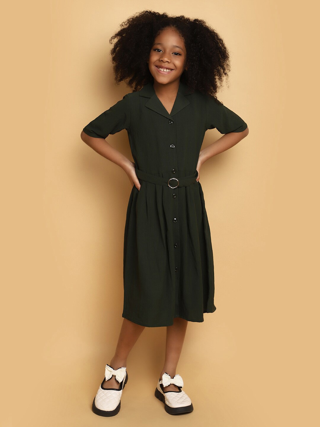 

V-Mart Girls Notched Lapel Collar Cotton Georgette Belted Shirt Dress, Green