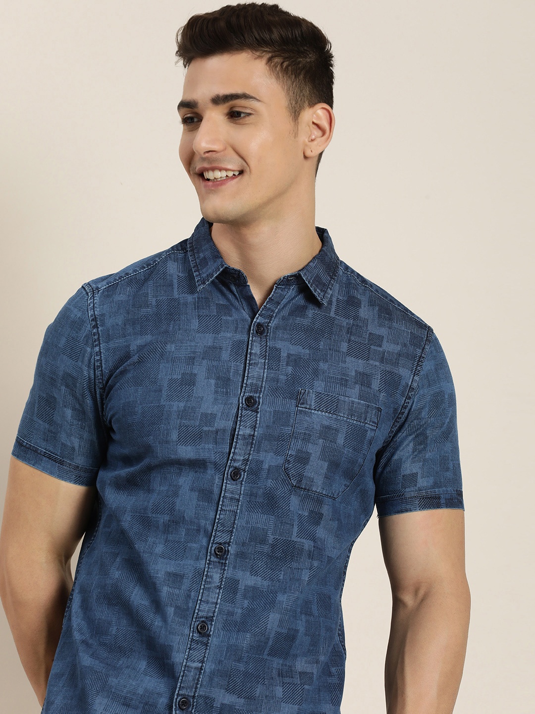 

HERE&NOW Men Slim Fit Geometric Printed Casual Shirt, Blue