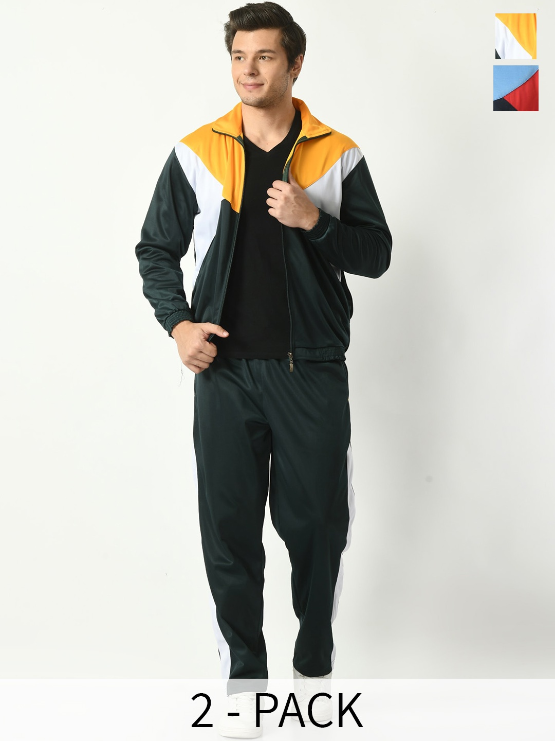 

BAESD Men Pack Of 2 Colorblocked Mock Collar Tracksuits, Navy blue