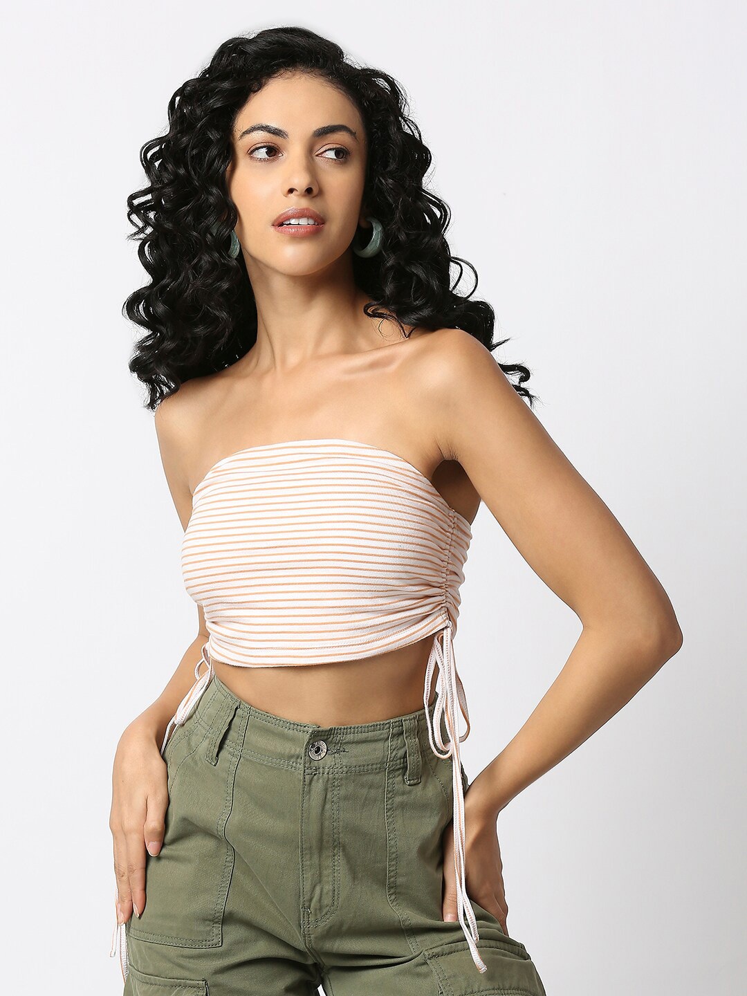 

Disrupt Striped Strapless Side Drawstrings Cotton Tube Crop Top, Beige