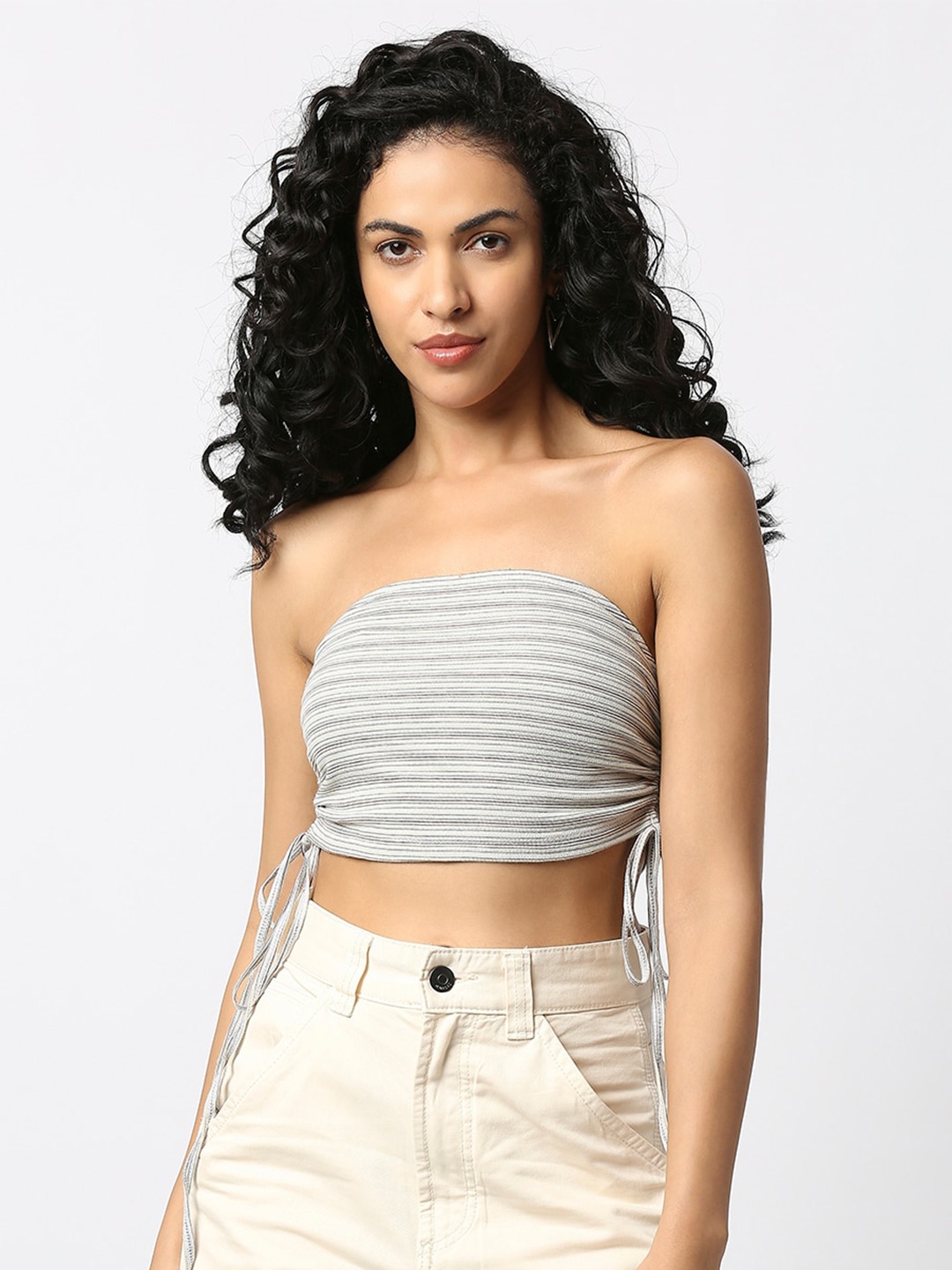 

Disrupt Striped Strapless Side Drawstrings Cotton Tube Crop Top, Grey