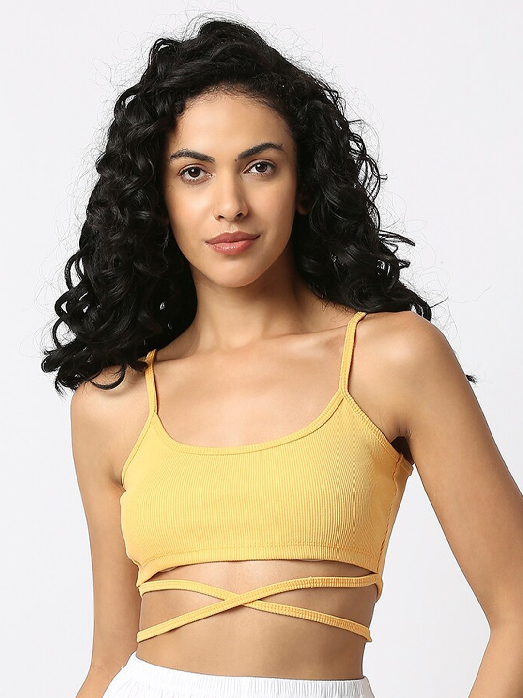 

Disrupt Ribbed Shoulder Straps Waist Tie-Ups Cotton Fitted Crop Top, Yellow