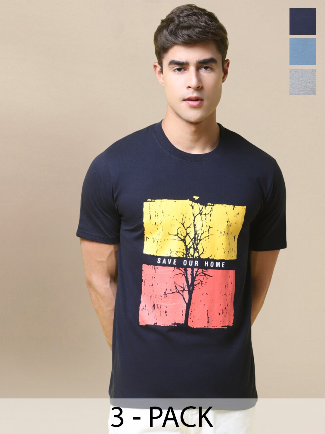 

Tee Projekt Pack of 3 Typography Printed T-shirt, Navy blue