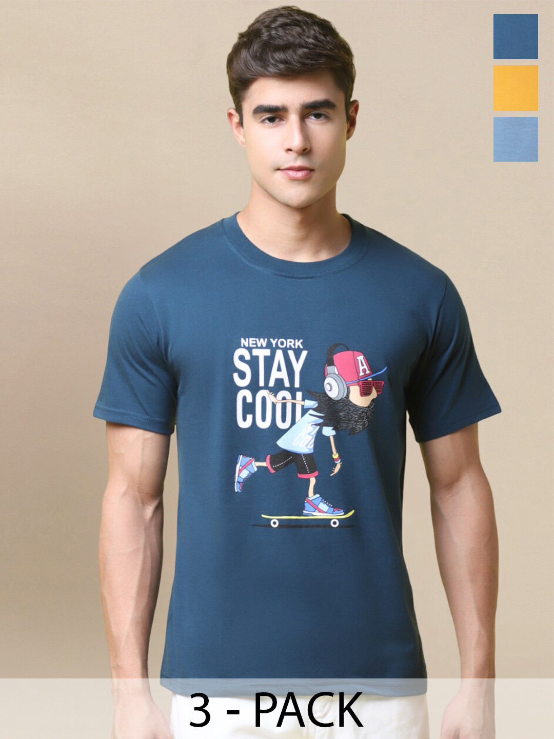 

Tee Projekt Pack Of 3 Typography Printed Cotton T-shirt, Teal