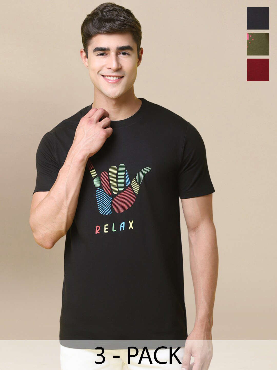 

Tee Projekt Pack Of 3 Printed Round Neck T-shirt, Black