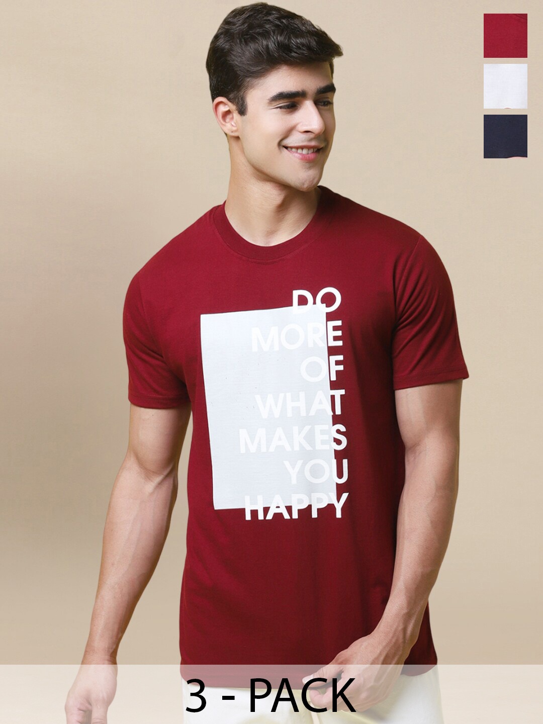 

Tee Projekt Pack Of 3 Typography Printed Cotton T-shirt, Maroon