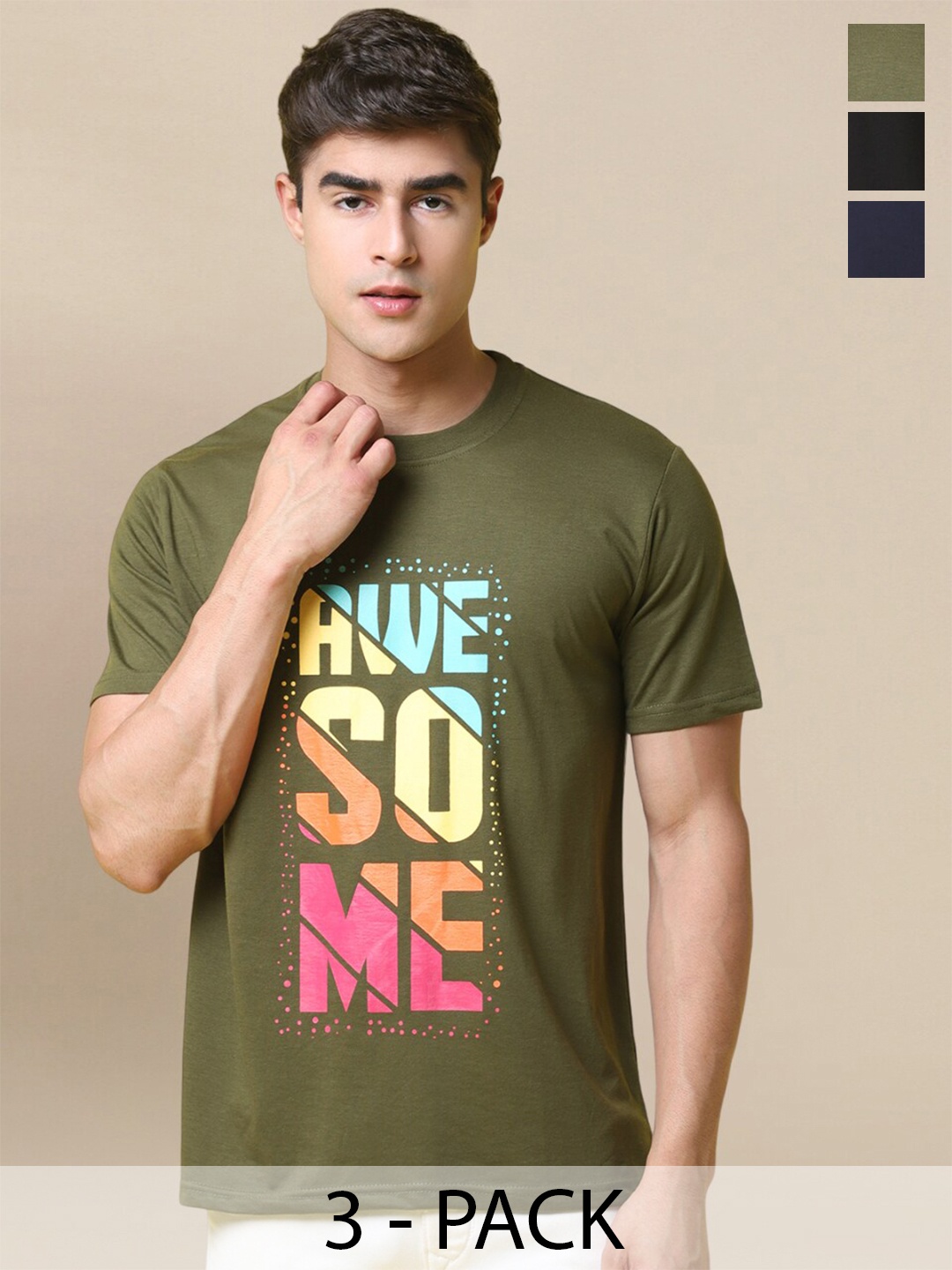 

Tee Projekt Pack Of 3 Printed Round Neck T-shirt, Olive