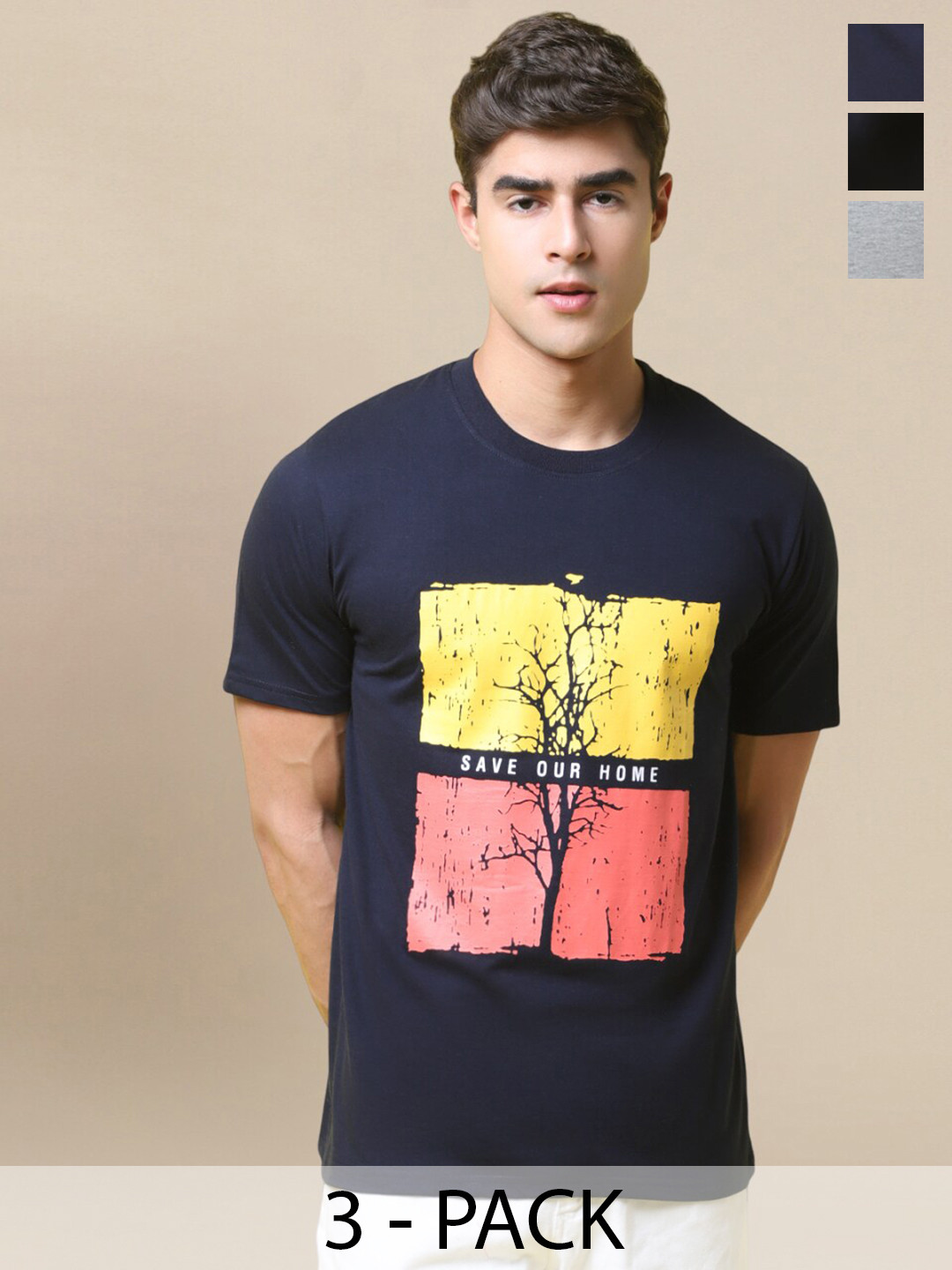 

Tee Projekt Pack of 3 Typography Printed T-shirt, Navy blue