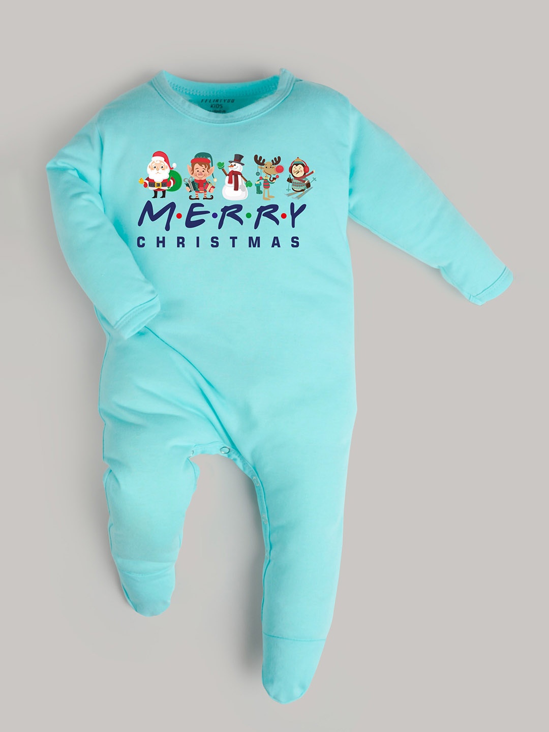

FFLIRTYGO Infants Christmas Special Printed Pure Cotton Sleepsuit, Turquoise blue
