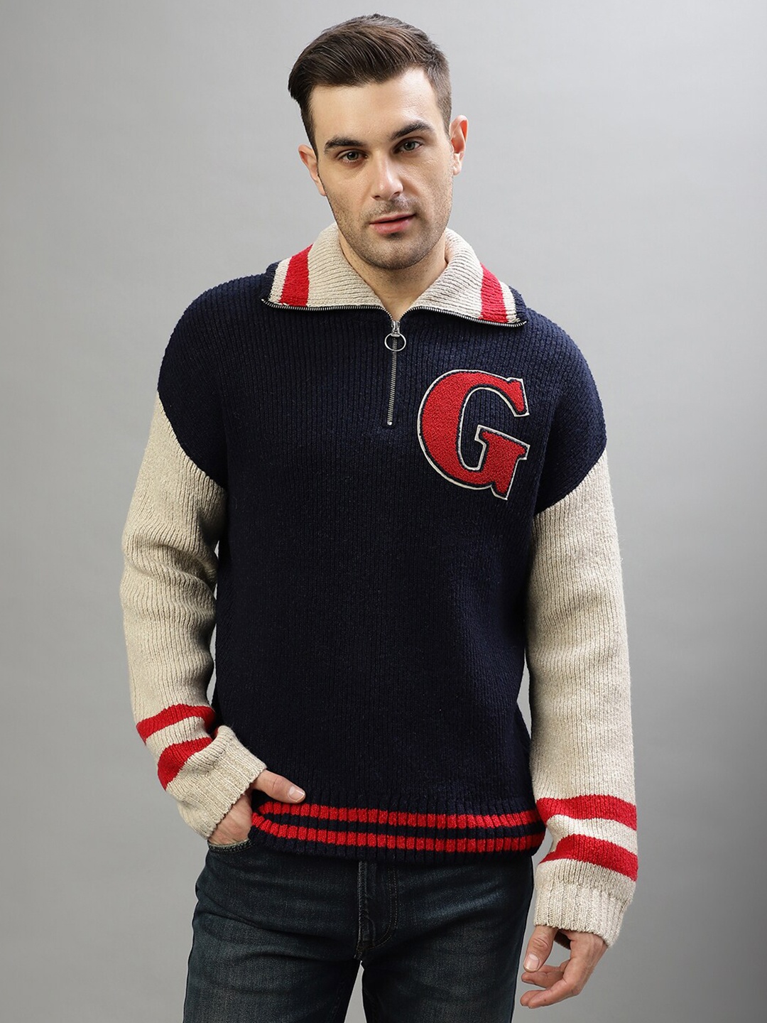 

GANT Long Sleeves Lapel Collar Half Zipper Woollen Pullover Sweater, Navy blue