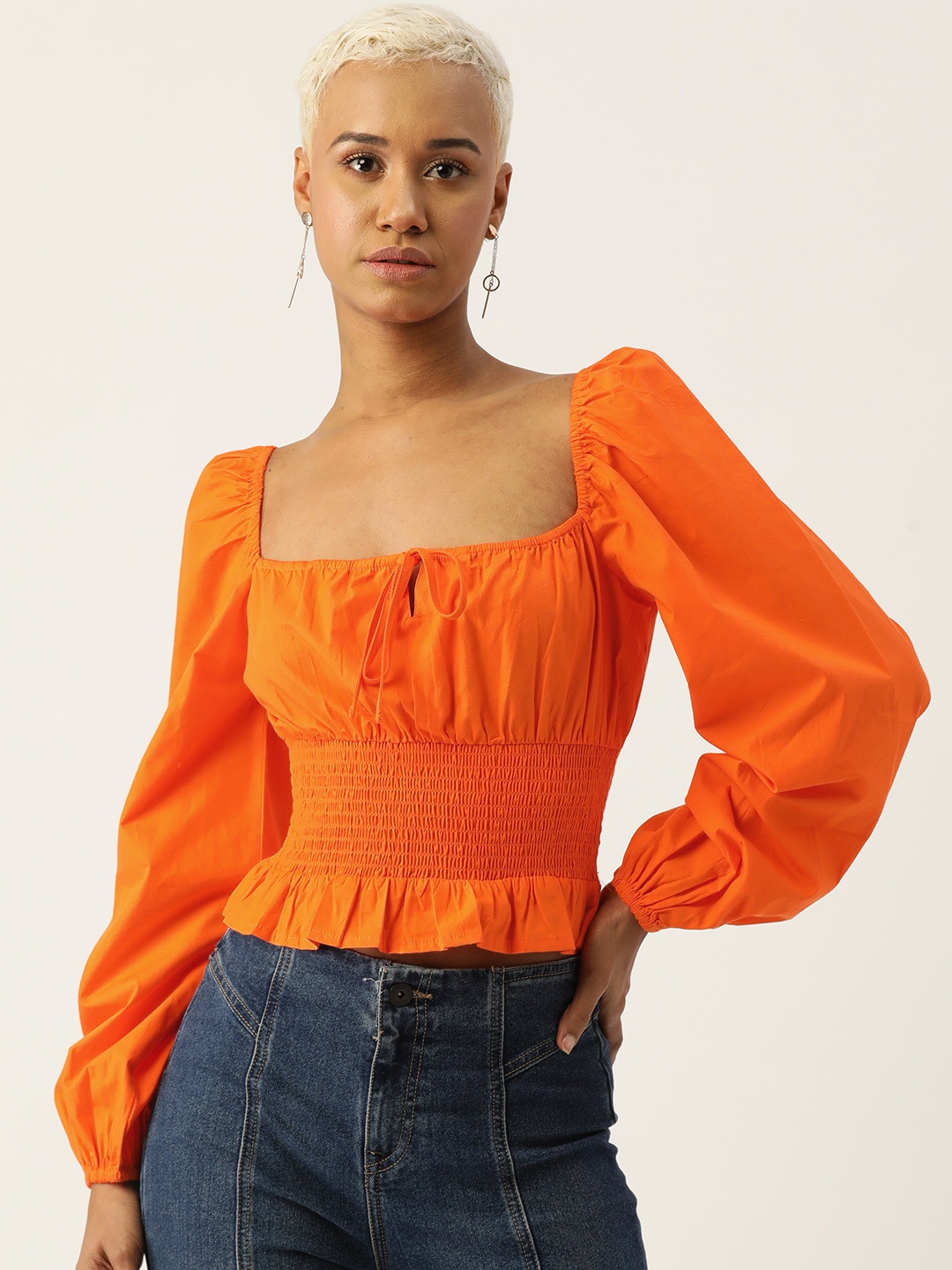 

Rue Collection Tie-Up Neck Puff Sleeve Smocked Cotton Bardot Crop Top, Orange